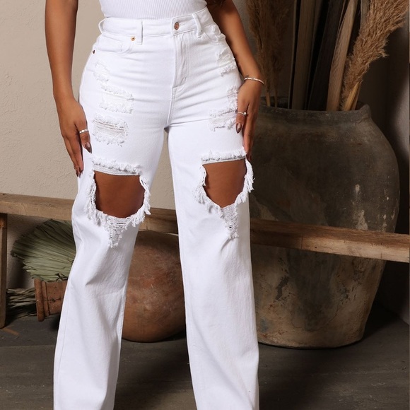 White Ripped Straight Leg Jeans - Picture 3 of 4